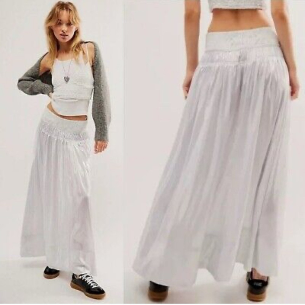 Free People Elegant White Maxi Skirt with Lace Detailing